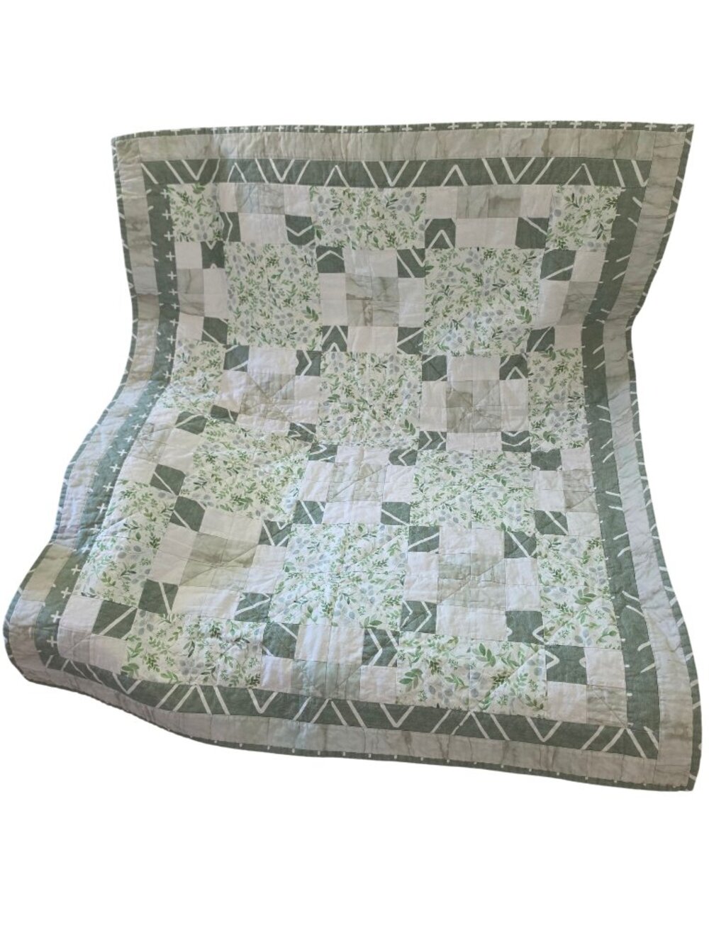 Handmade Green White Patchwork Quilt Throw Blanket Floral Leaf Print 38x45 Baby